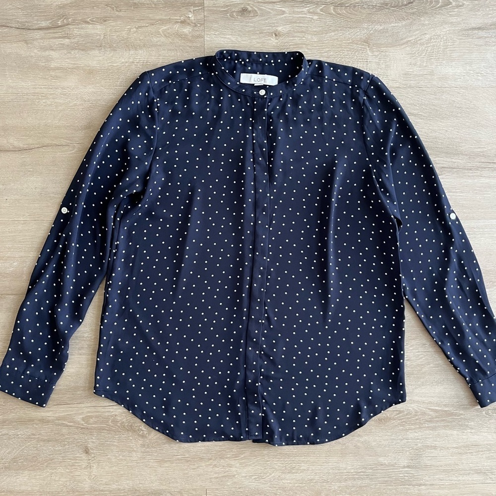 LOFT Blue Polka Dot Women's Small Long Sleeve Blouse